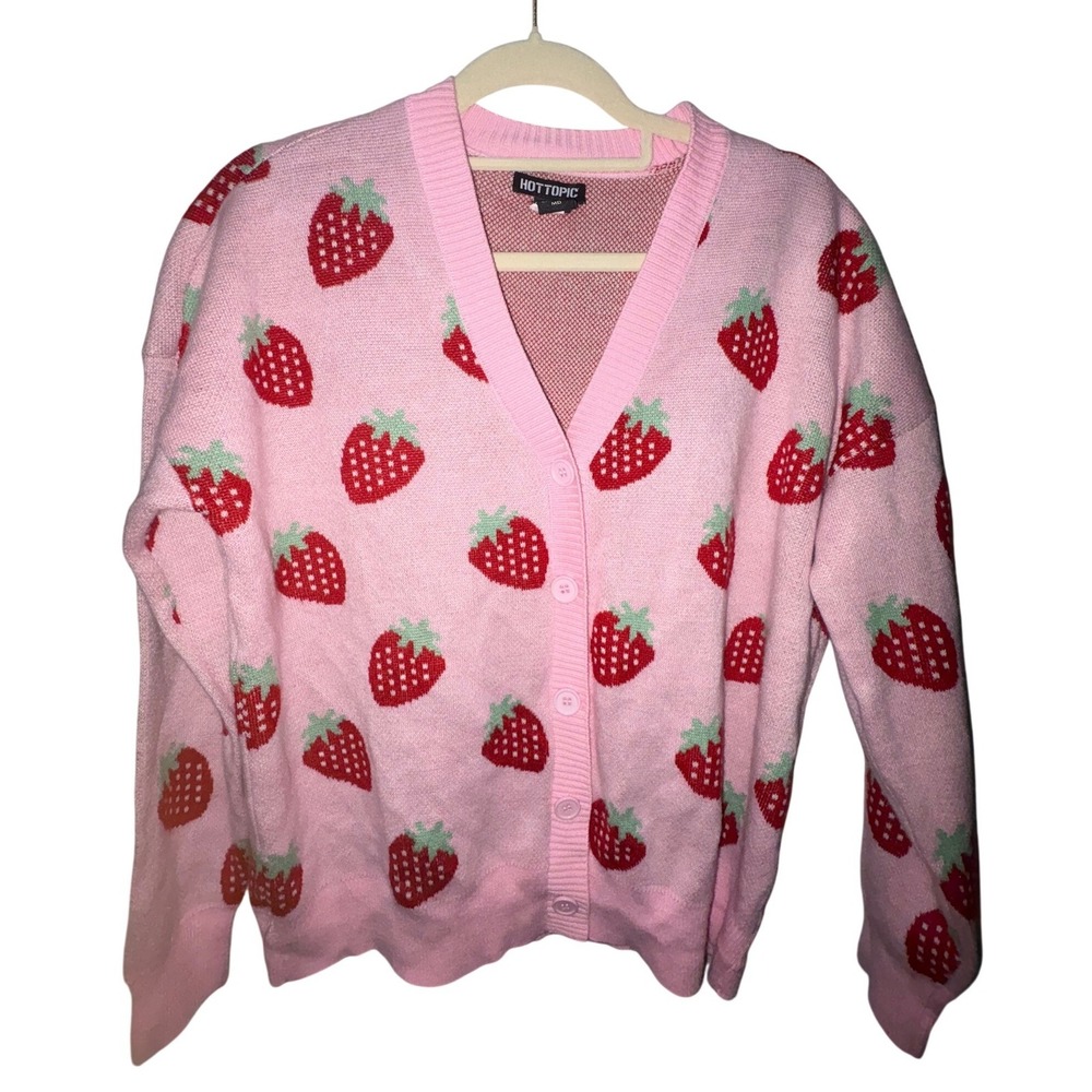 Hot Topic Pink Strawberry Cardigan – Size Medium, Button Front‎